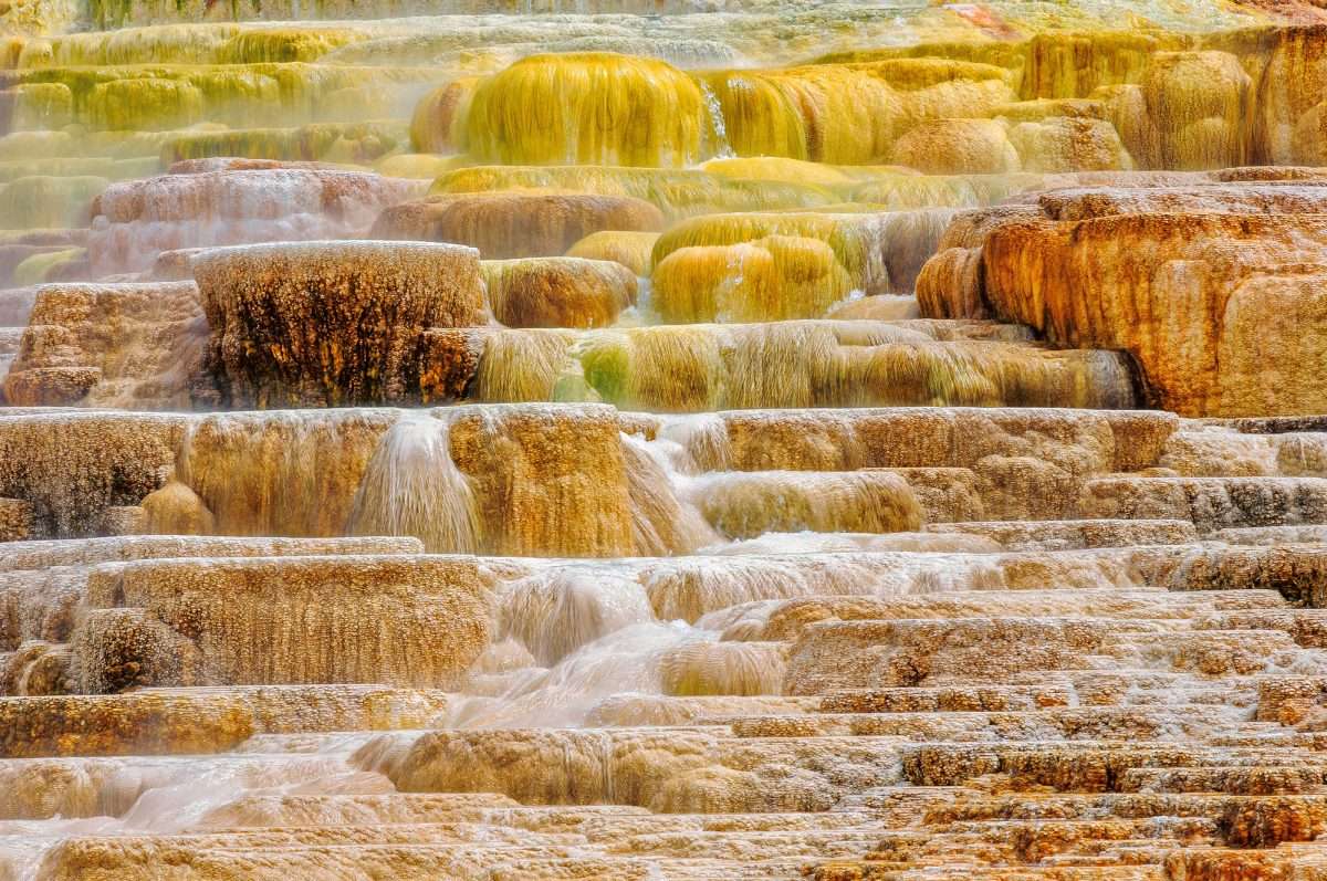 mammoth terraces in Yellowstone with hot water flowing over top